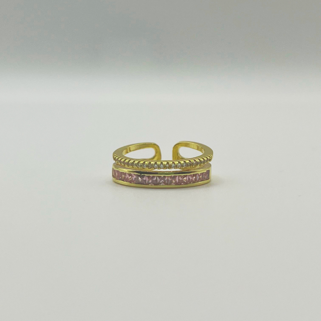 Anillo Doble Zircones Rosa