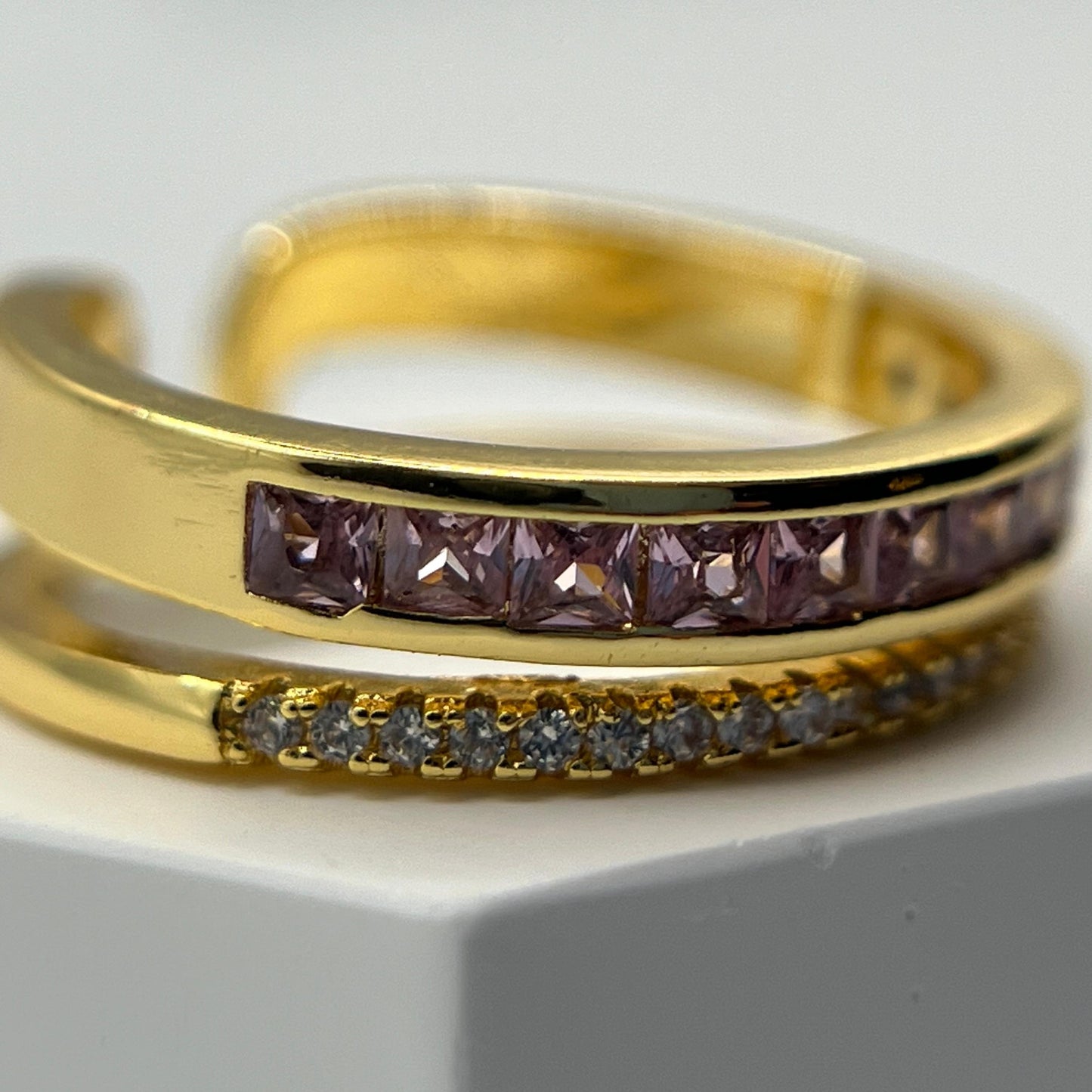 Anillo Doble Zircones Rosa